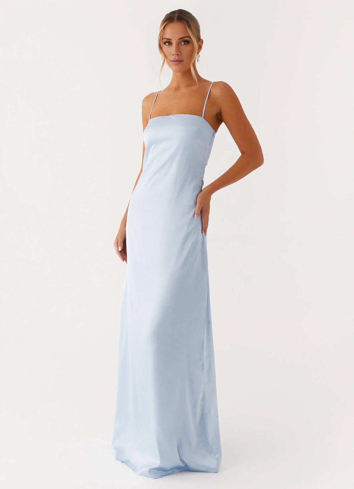 Sky Blue Satin A-Line Floor-Length Dress with Straight Neck, Spaghetti Straps & Side Slit