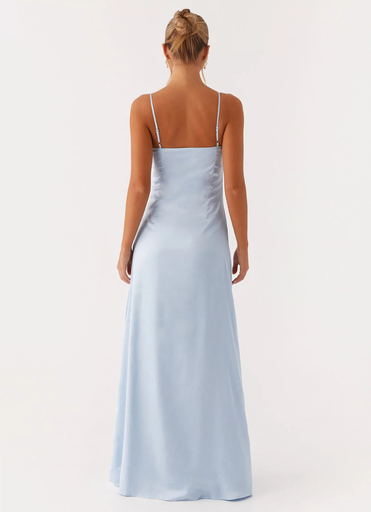 Sky Blue Satin A-Line Floor-Length Dress with Straight Neck, Spaghetti Straps & Side Slit