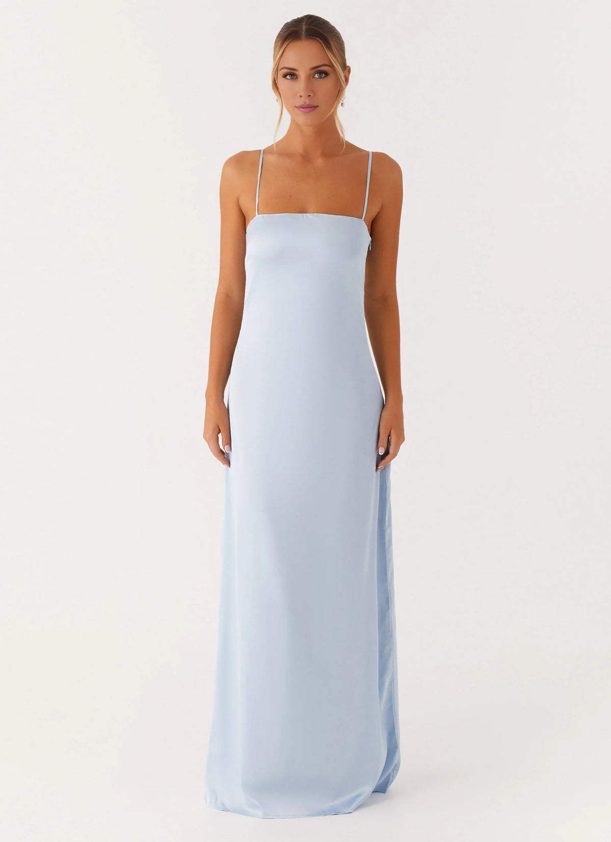 Sky Blue Satin A-Line Floor-Length Dress with Straight Neck, Spaghetti Straps & Side Slit