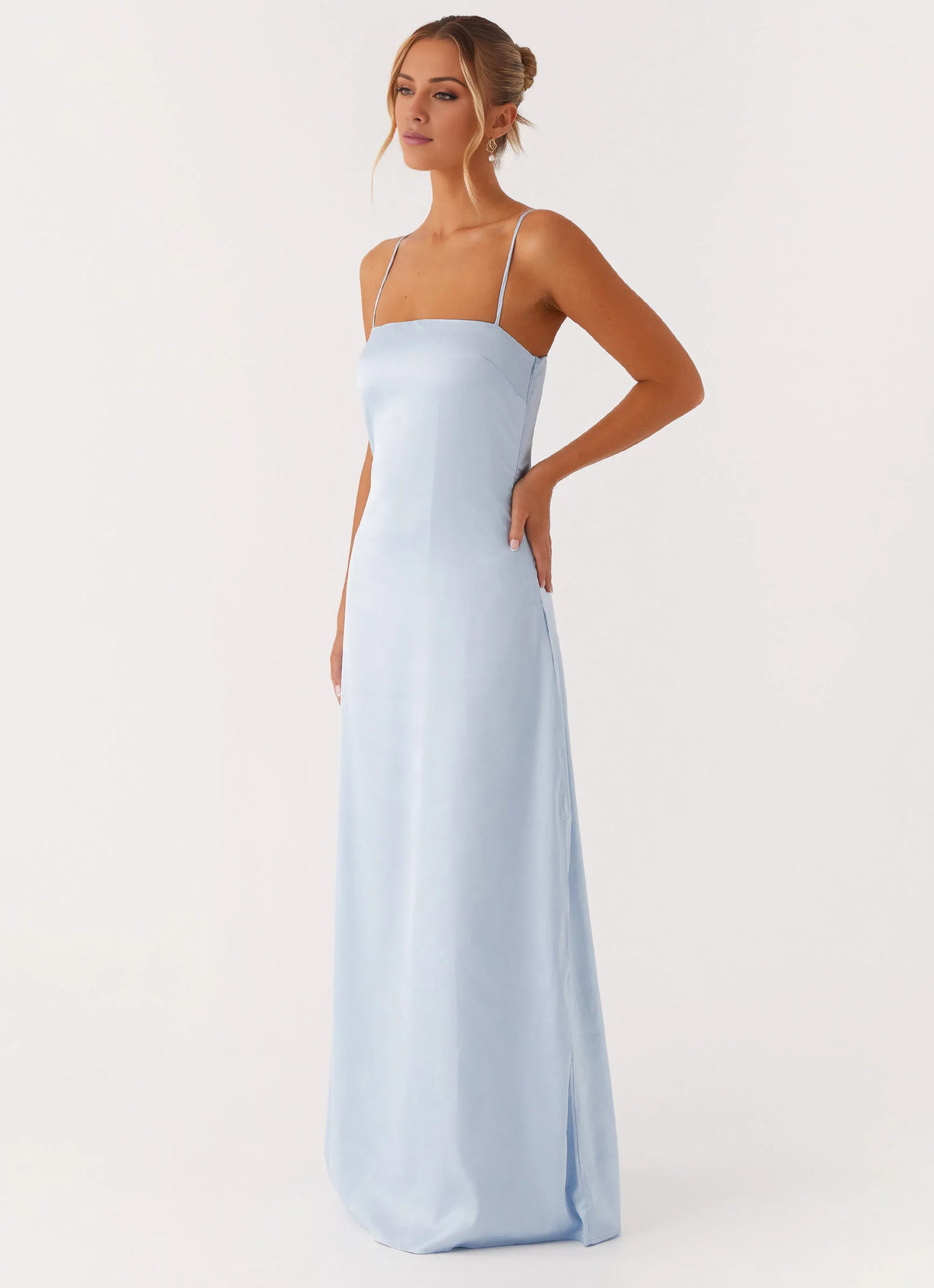 Sky Blue Satin A-Line Floor-Length Dress with Straight Neck, Spaghetti Straps & Side Slit
