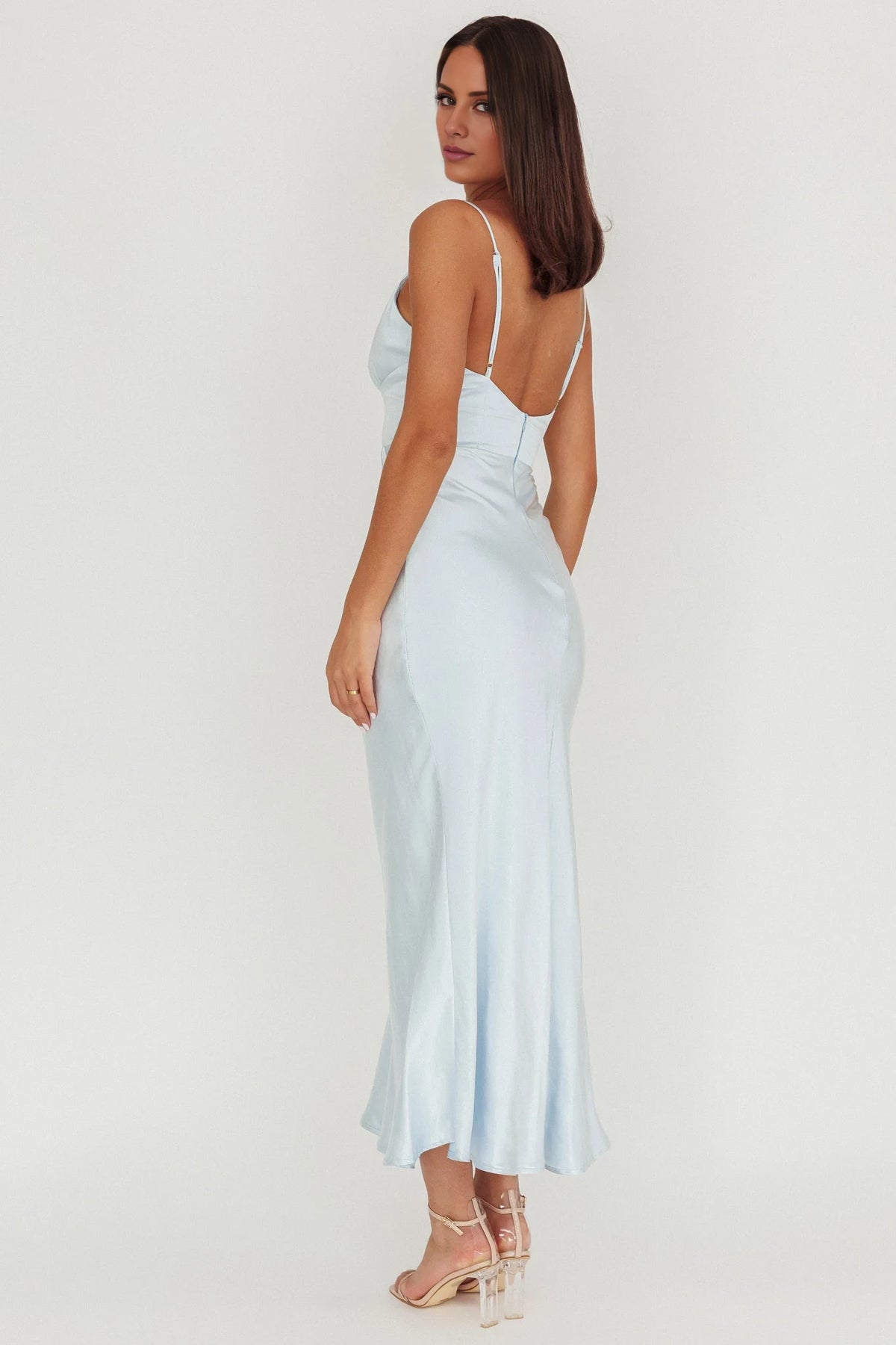 Sky Blue Satin Ankle-Length Sheath/column V-Neck Dress with Spaghetti Straps