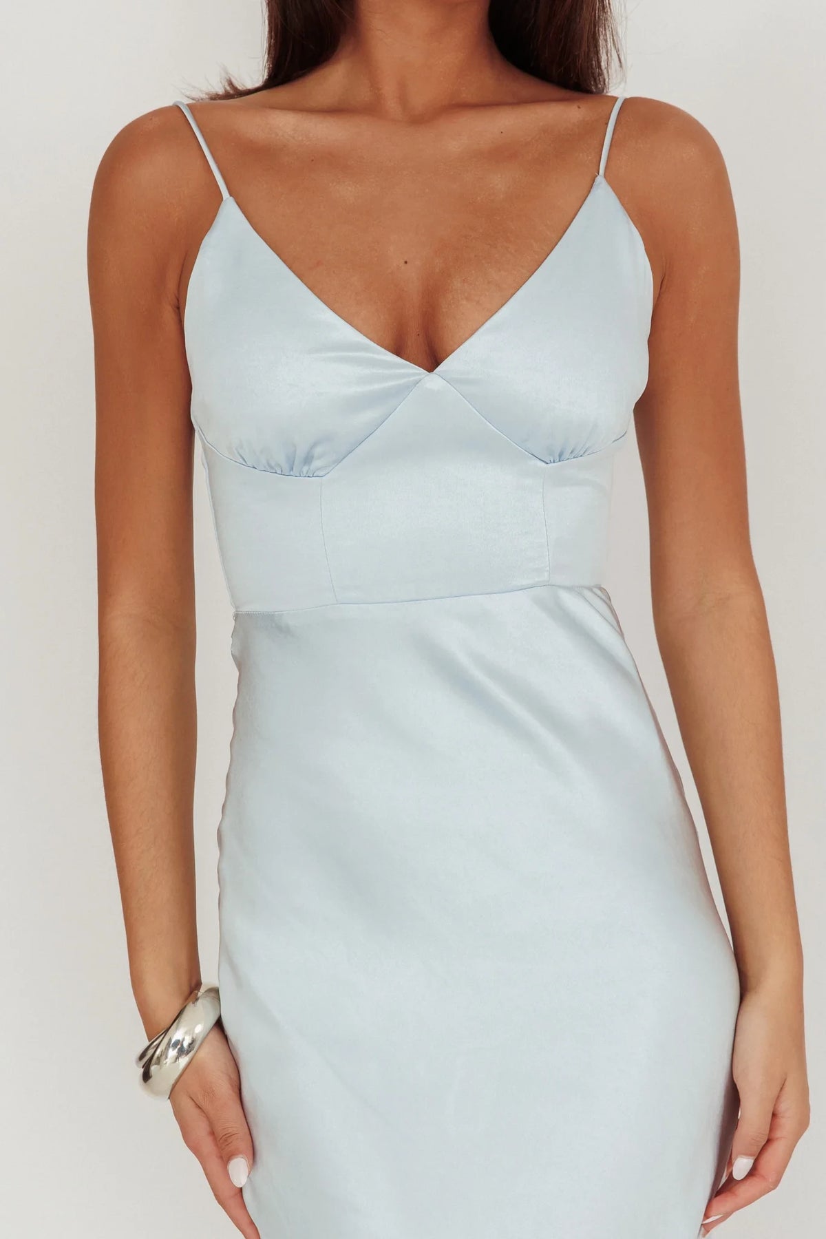 Sky Blue Satin Ankle-Length Sheath/column V-Neck Dress with Spaghetti Straps