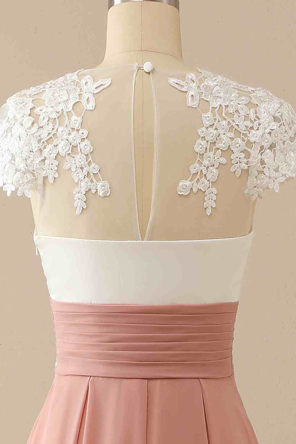 Blushing Pink Chiffon A-Line Tea-Length Bridesmaid Dress with Lace Bodice & V-Neck