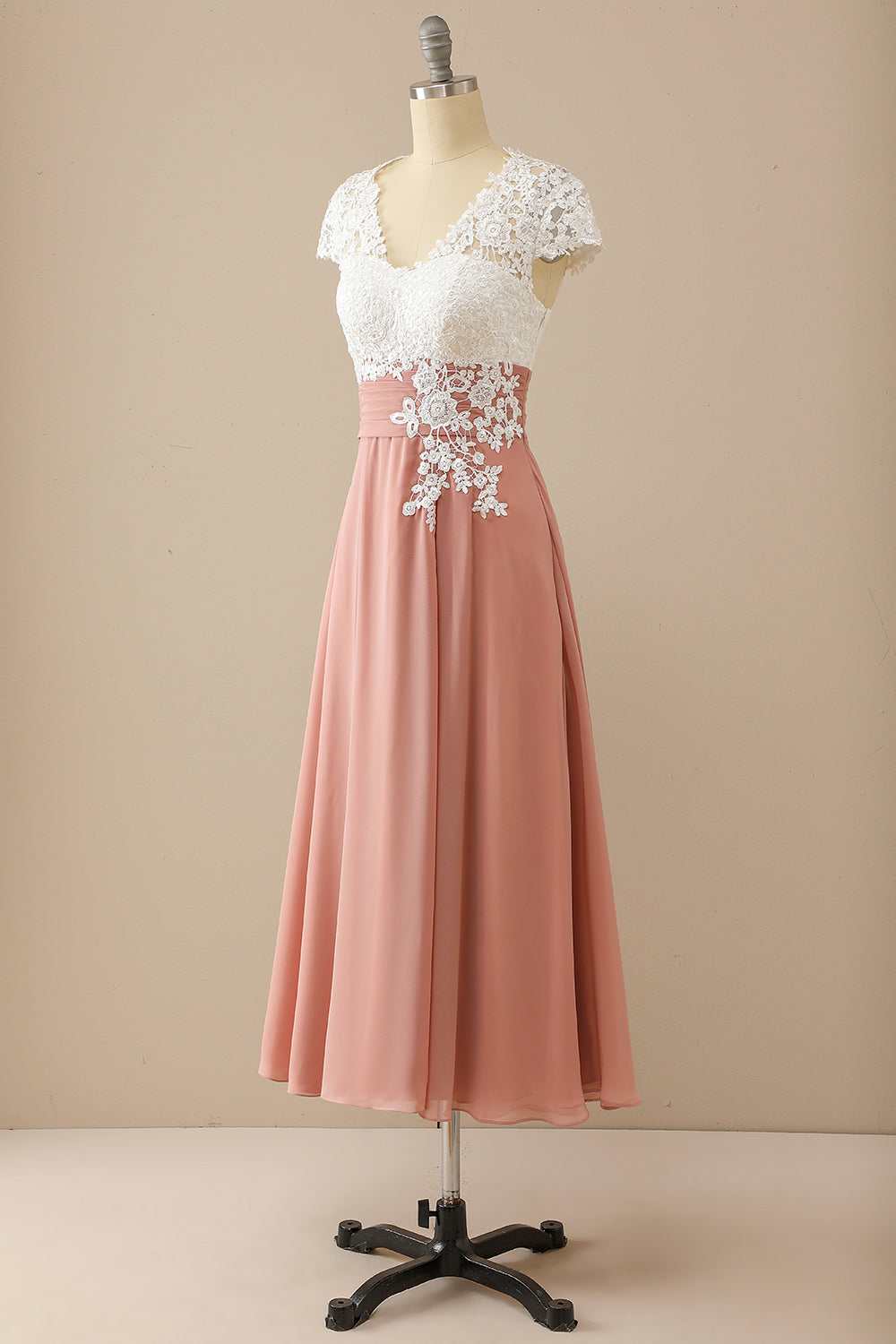 Blushing Pink Chiffon A-Line Tea-Length Bridesmaid Dress with Lace Bodice & V-Neck