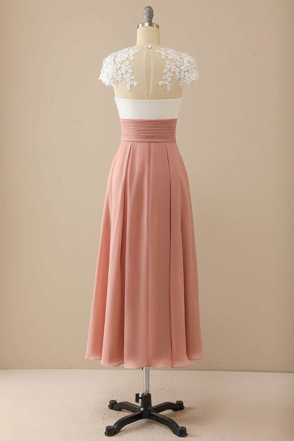 Blushing Pink Chiffon A-Line Tea-Length Bridesmaid Dress with Lace Bodice & V-Neck
