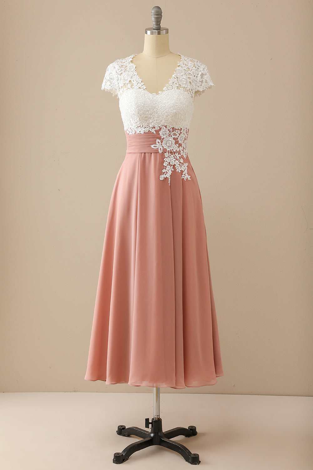 Blushing Pink Chiffon A-Line Tea-Length Bridesmaid Dress with Lace Bodice & V-Neck