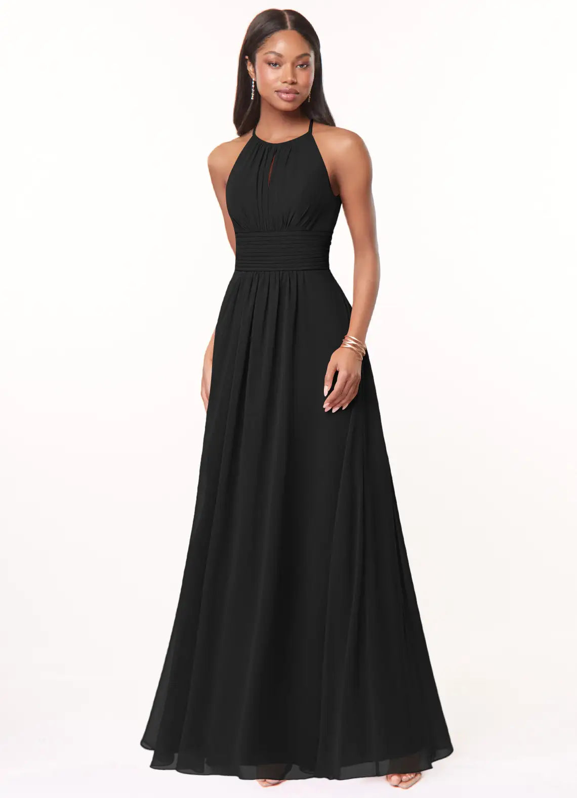 Black Chiffon A-Line Halter Neckline Floor-Length Bridesmaid Dress