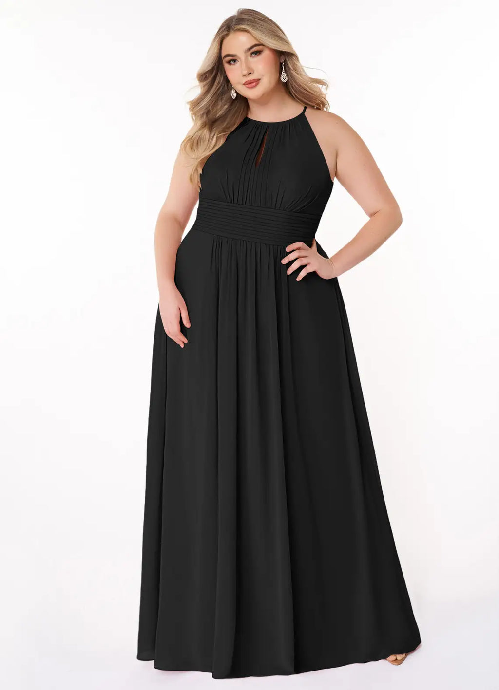 Black Chiffon A-Line Halter Neckline Floor-Length Bridesmaid Dress