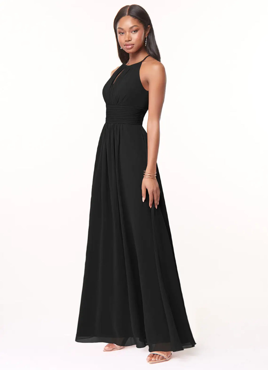 Black Chiffon A-Line Halter Neckline Floor-Length Bridesmaid Dress