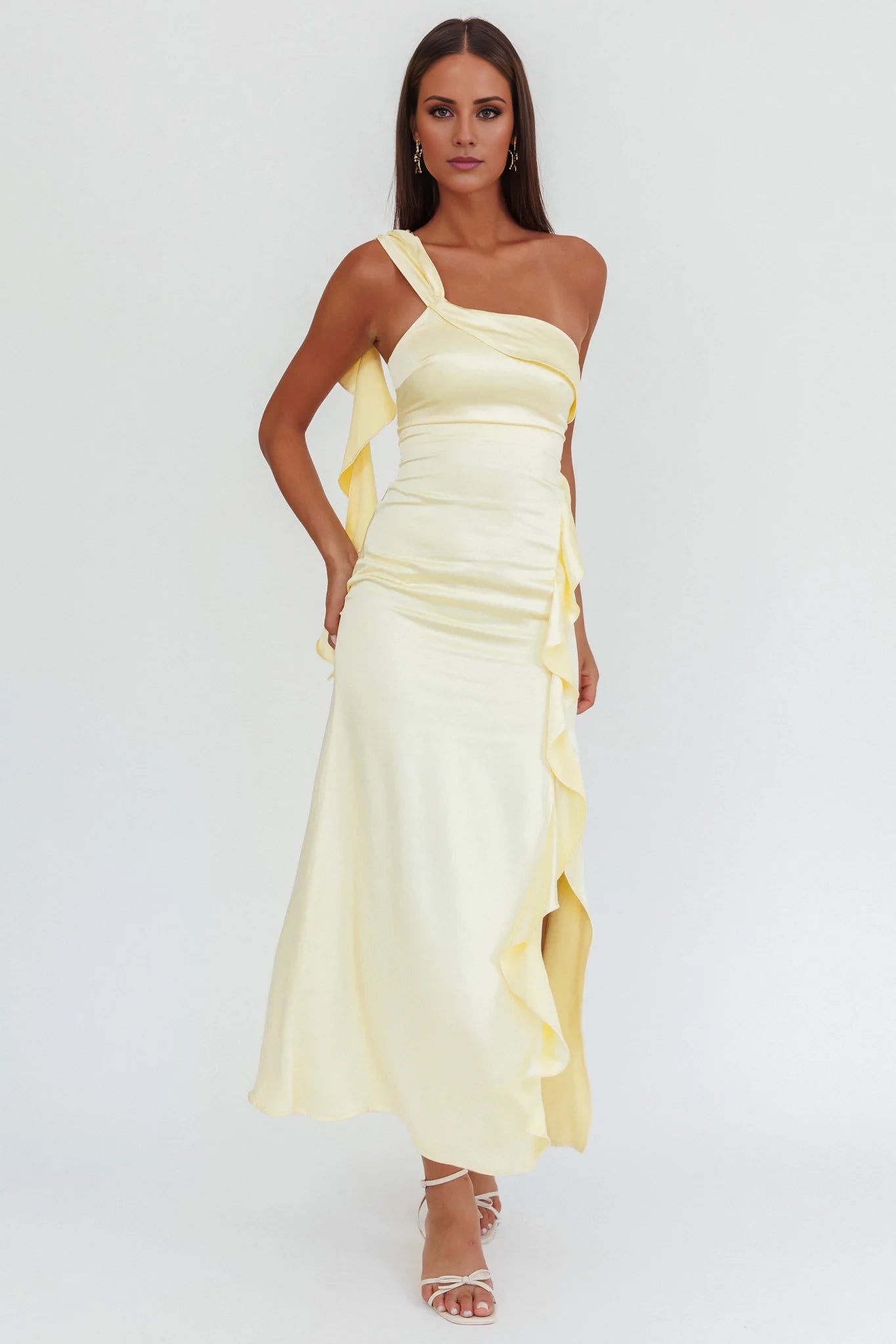 Elegant A-Line Asymmetrical Neck Sleeveless Back Zip Side Slit Ankle-Length prom dress