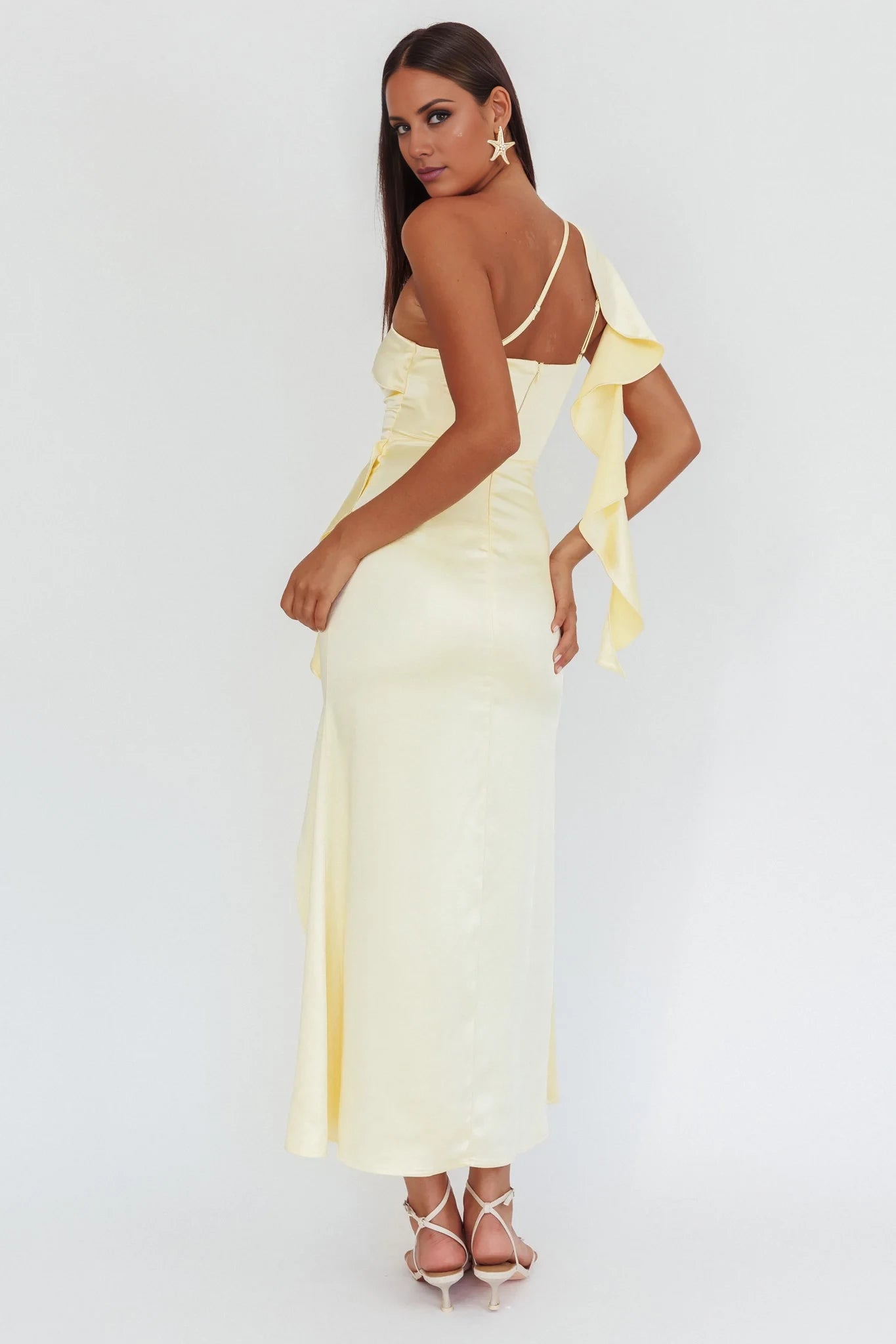 Elegant A-Line Asymmetrical Neck Sleeveless Back Zip Side Slit Ankle-Length prom dress
