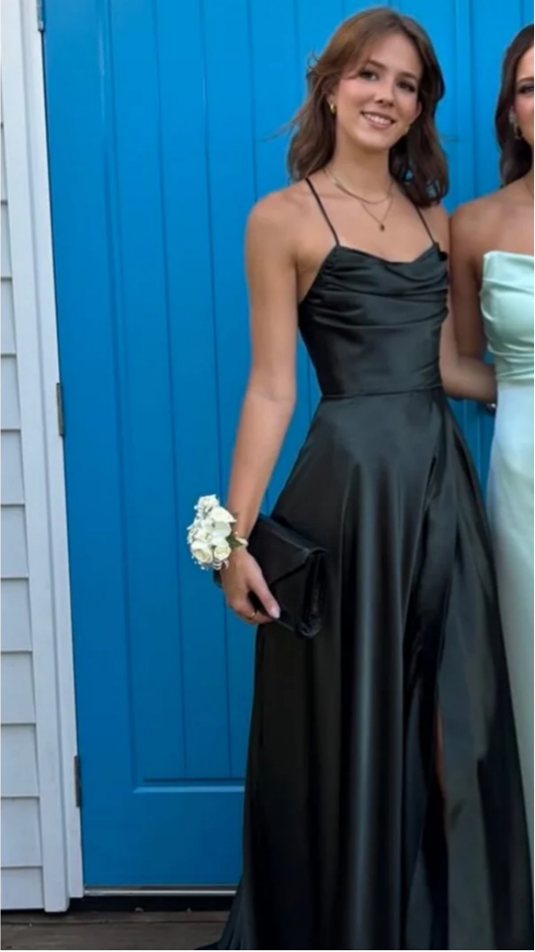 Elegant A-Line Cowl Neck Spaghetti Strap Lace-Up Back High Slit Floor-Length Prom Dresses