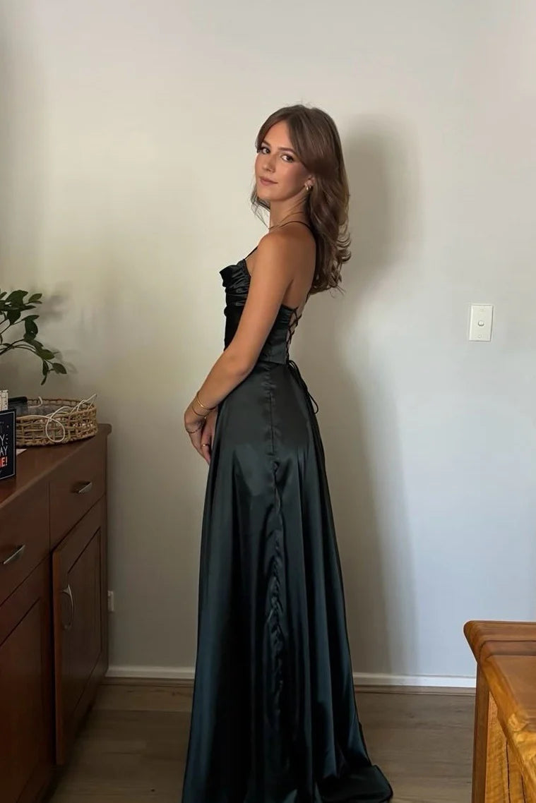 Elegant A-Line Cowl Neck Spaghetti Strap Lace-Up Back High Slit Floor-Length Prom Dresses