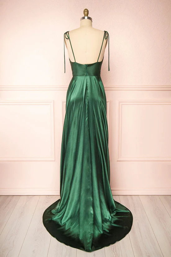 Elegant A-Line Cowl Neck Spaghetti Tie-Strap High Slit Floor Length Satin Evening Dress