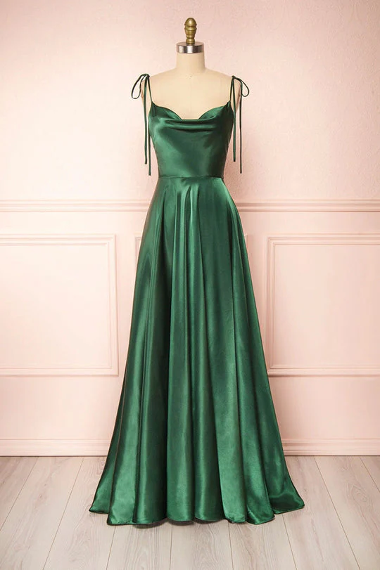 Elegant A-Line Cowl Neck Spaghetti Tie-Strap High Slit Floor Length Satin Evening Dress