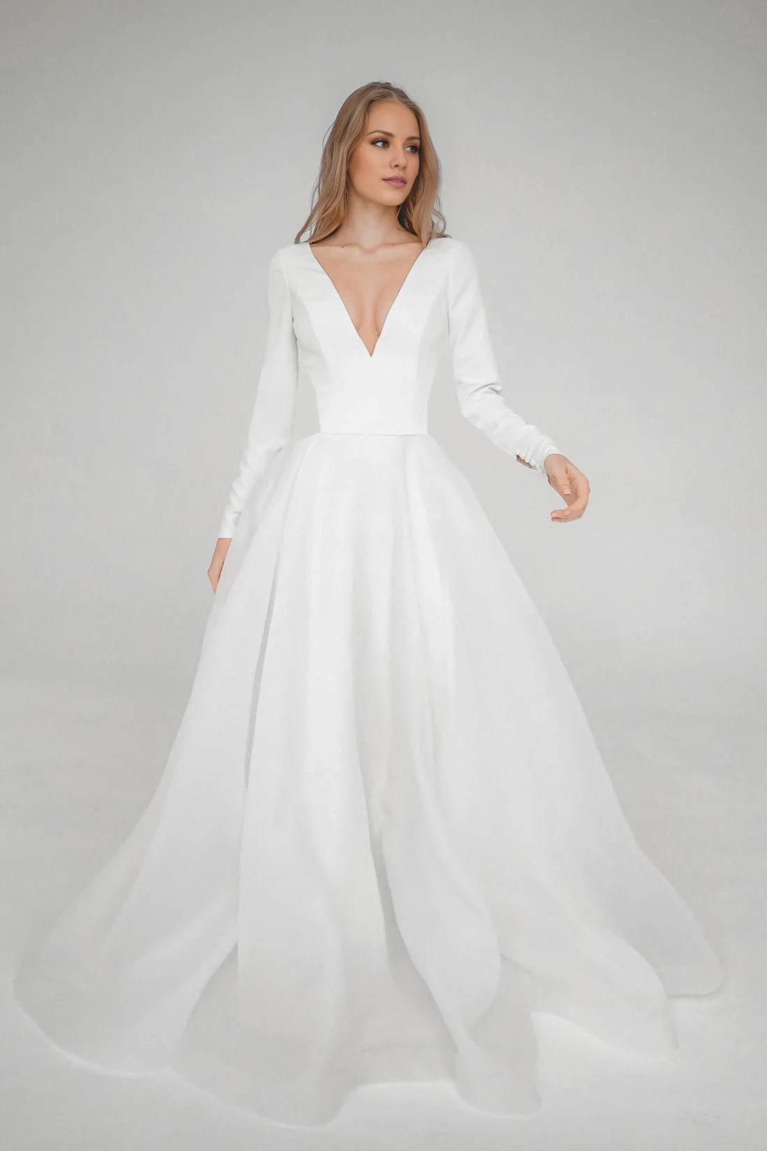 Ivory Crepe A-Line Floor-Length Evening Dress featuring a Plunging V-Neck