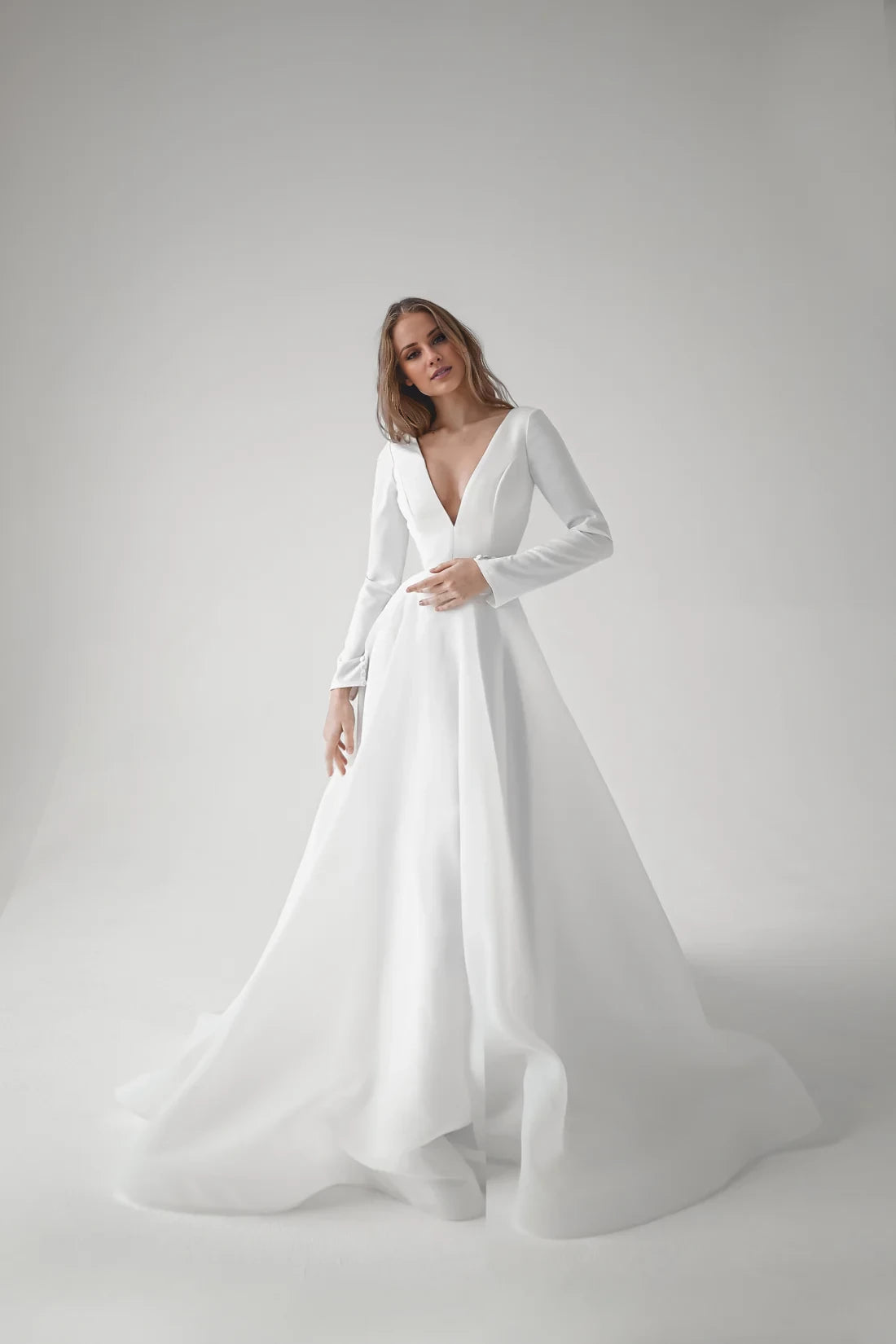 Ivory Crepe A-Line Floor-Length Evening Dress featuring a Plunging V-Neck