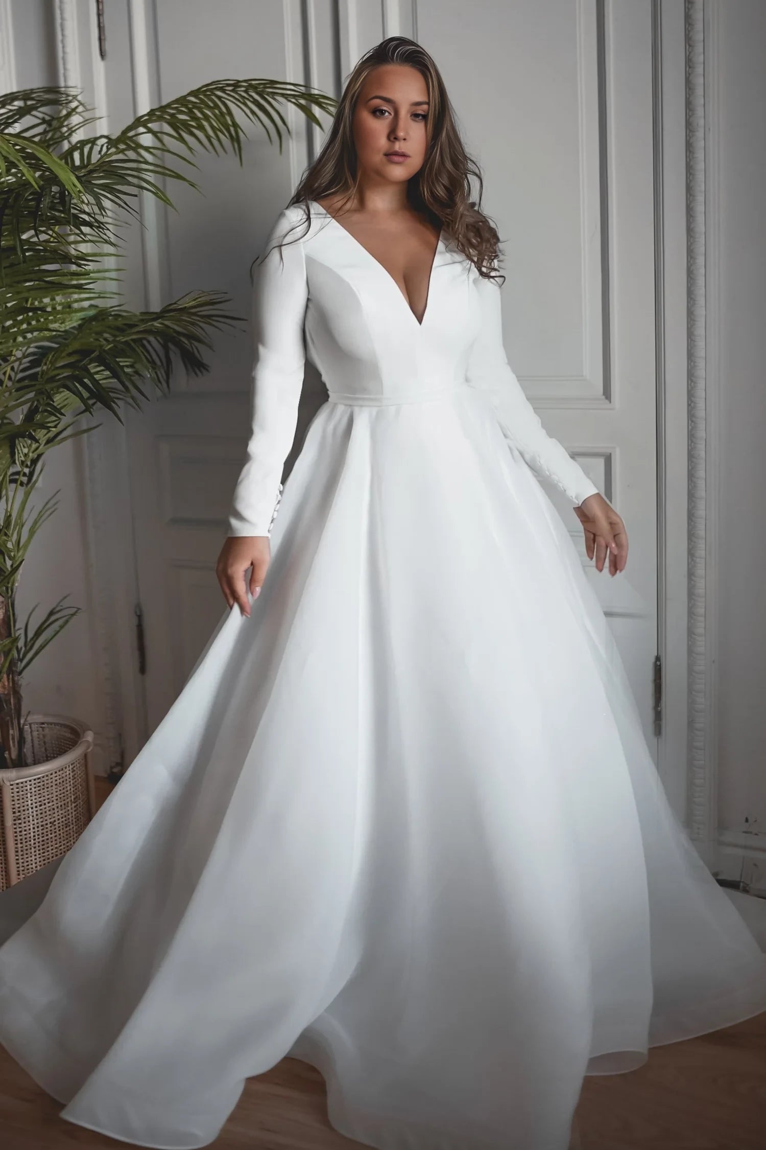 Elegant A-Line Deep V-Neck Long Sleeve Open Back Plus Size Maxi Winter Wedding Dress