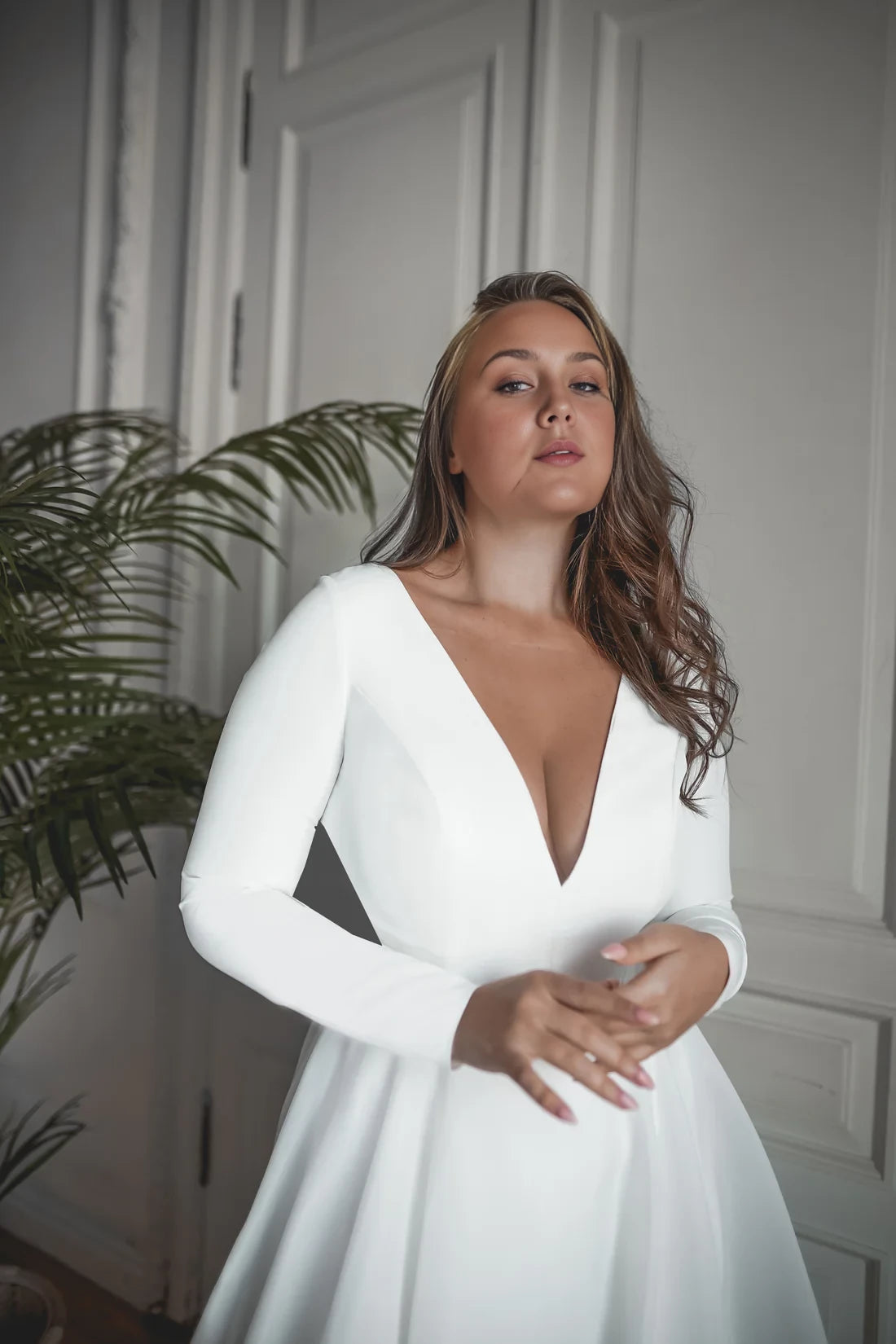 Elegant White Crepe A-Line Floor-Length Bridesmaid Dress with Plunging V-Neck