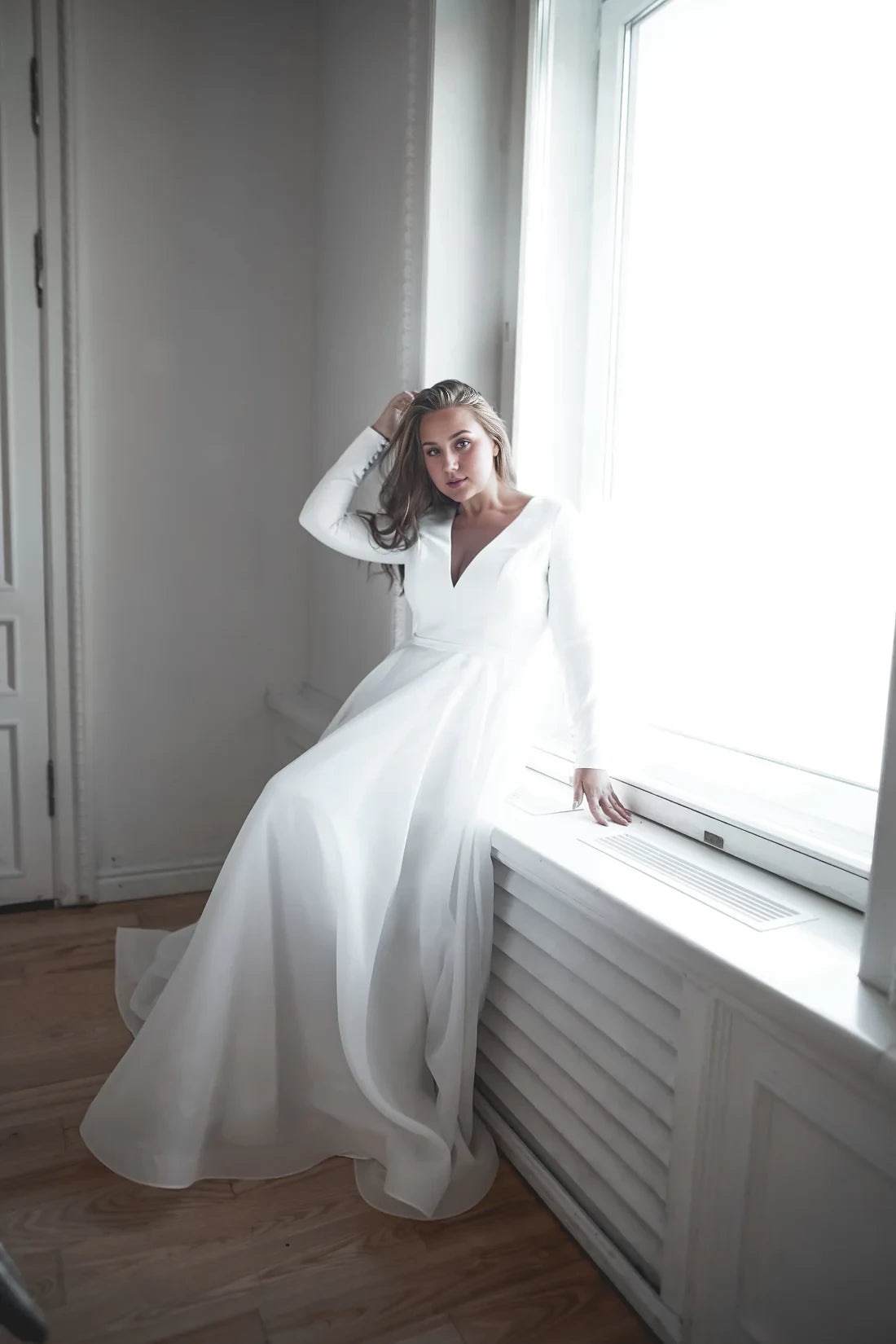 Elegant A-Line Deep V-Neck Long Sleeve Open Back Plus Size Maxi Winter Wedding Dress