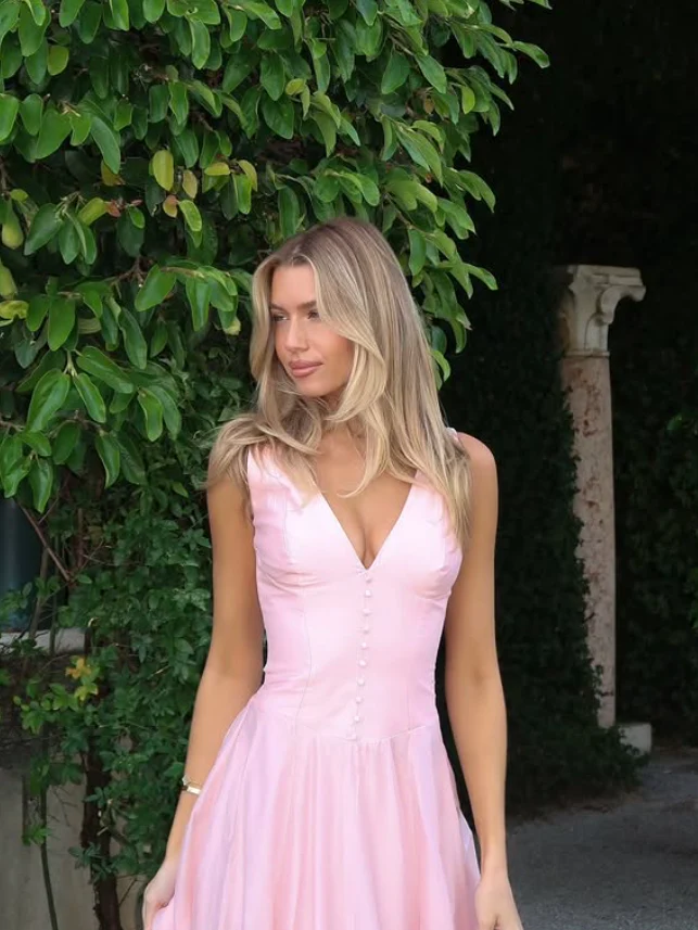 Elegant A-Line Deep V-Neck Sleeveless Button-Detail Midi Evening Dress