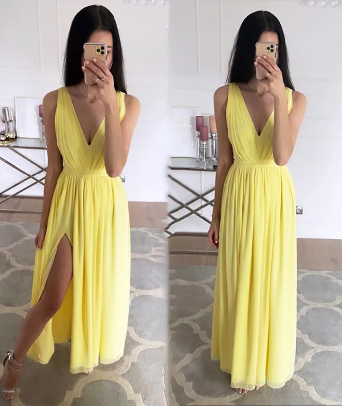 Elegant A-Line Deep V-Neck Sleeveless Cutout-Back Floor-Length Slit Chiffon Evening Dress