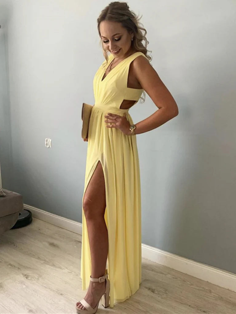 Elegant A-Line Deep V-Neck Sleeveless Cutout-Back Floor-Length Slit Chiffon Evening Dress