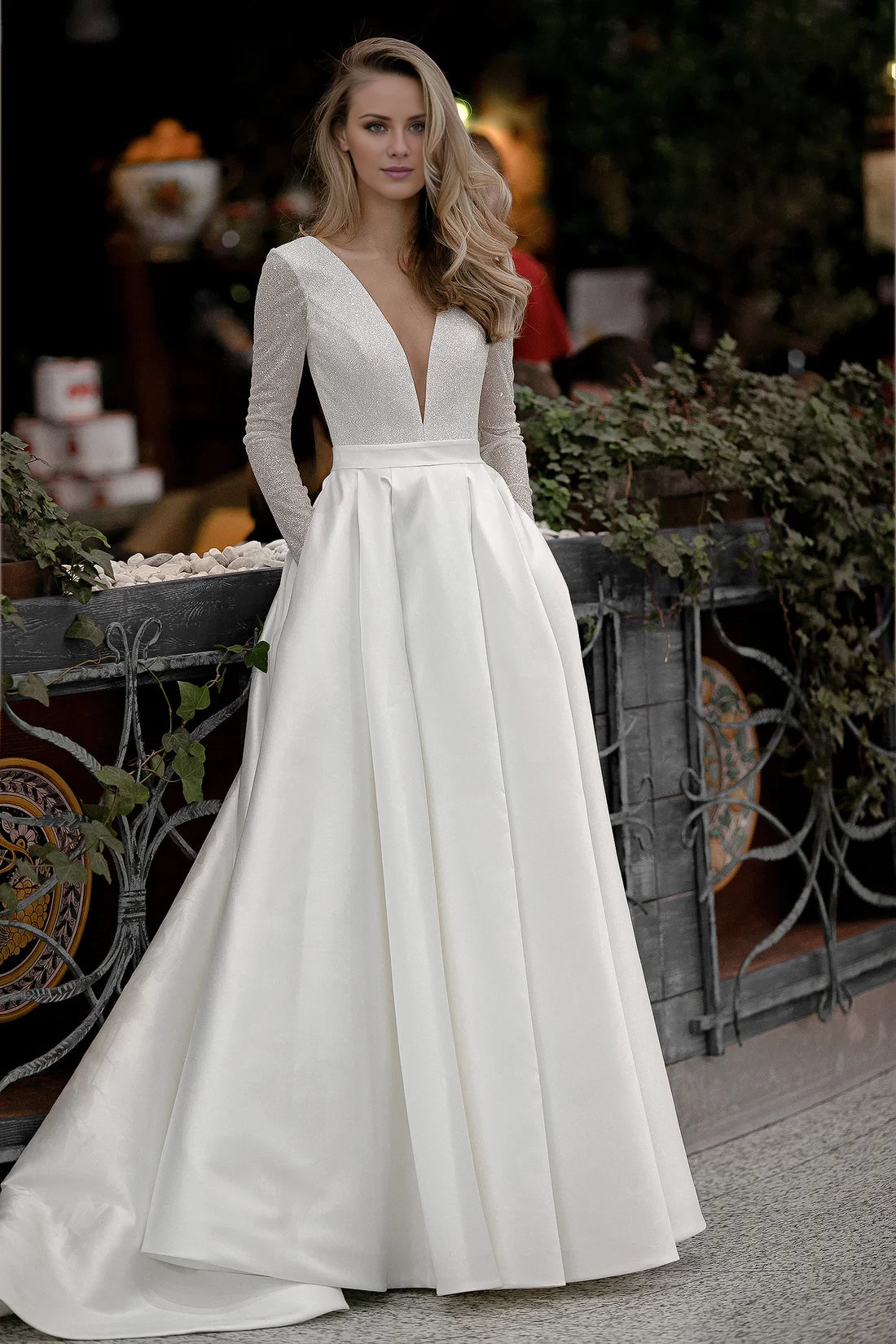 Elegant A-Line Deep V-Neck Sparkle Long Sleeve Open Back Maxi Winter Wedding Dress