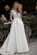 Ivory Satin V-Neck A-Line Floor-Length Evening Dress