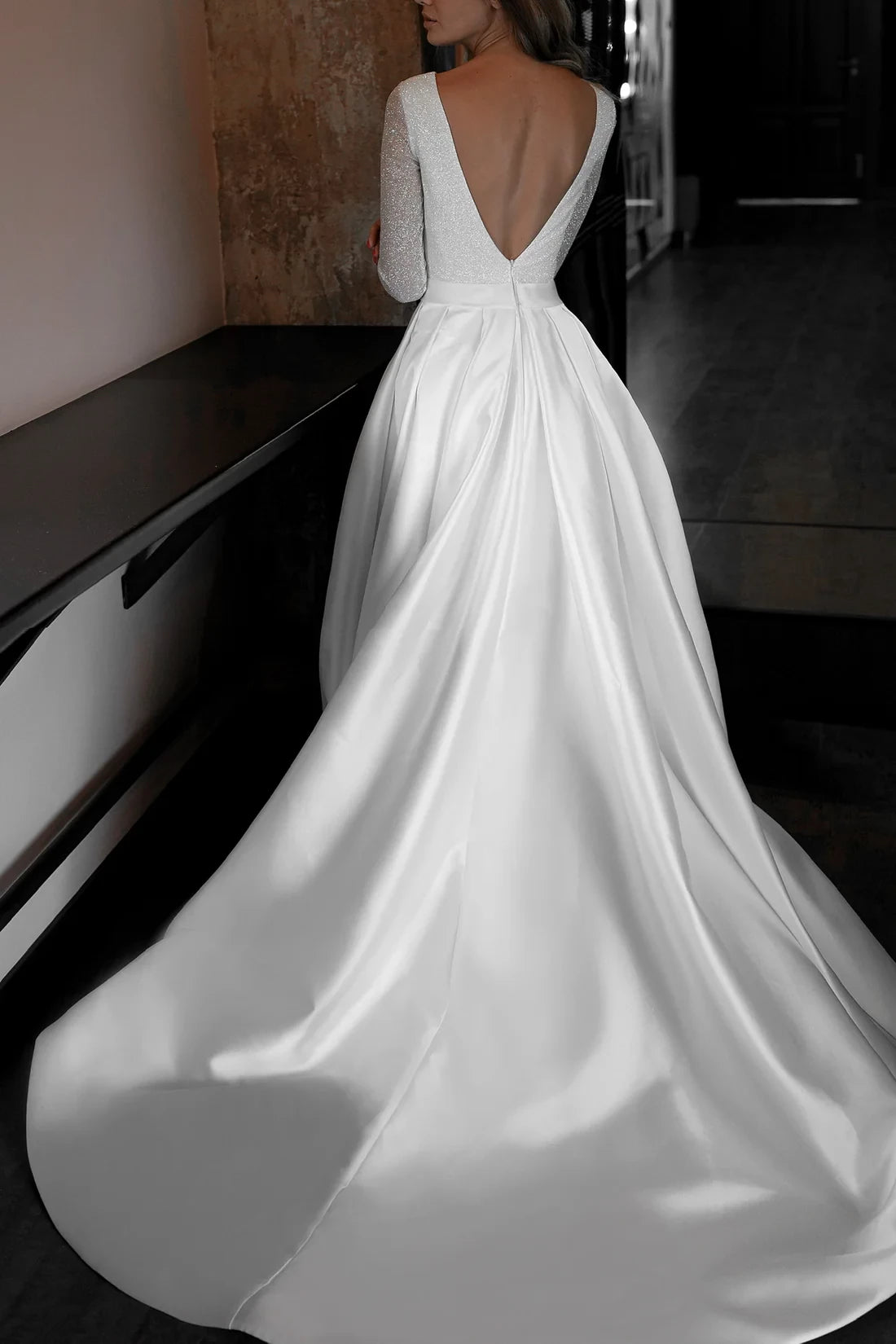 Elegant A-Line Deep V-Neck Sparkle Long Sleeve Open Back Maxi Winter Wedding Dress