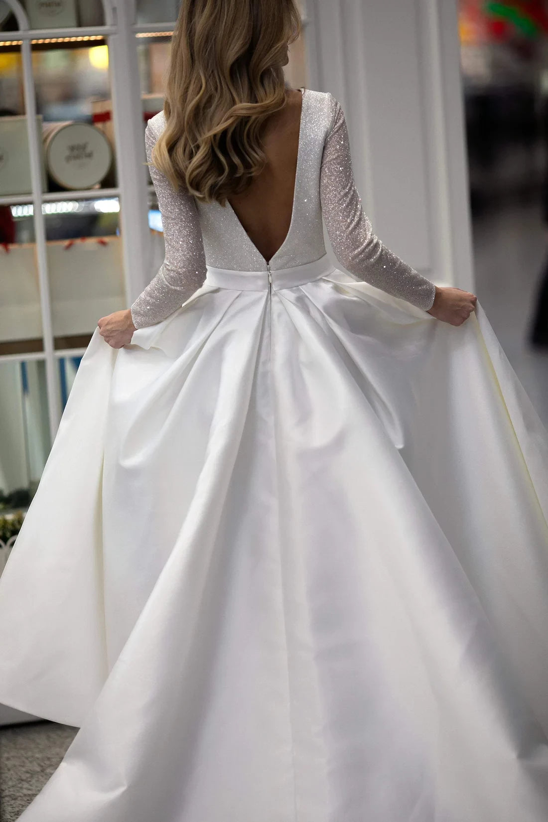 Elegant A-Line Deep V-Neck Sparkle Long Sleeve Open Back Maxi Winter Wedding Dress