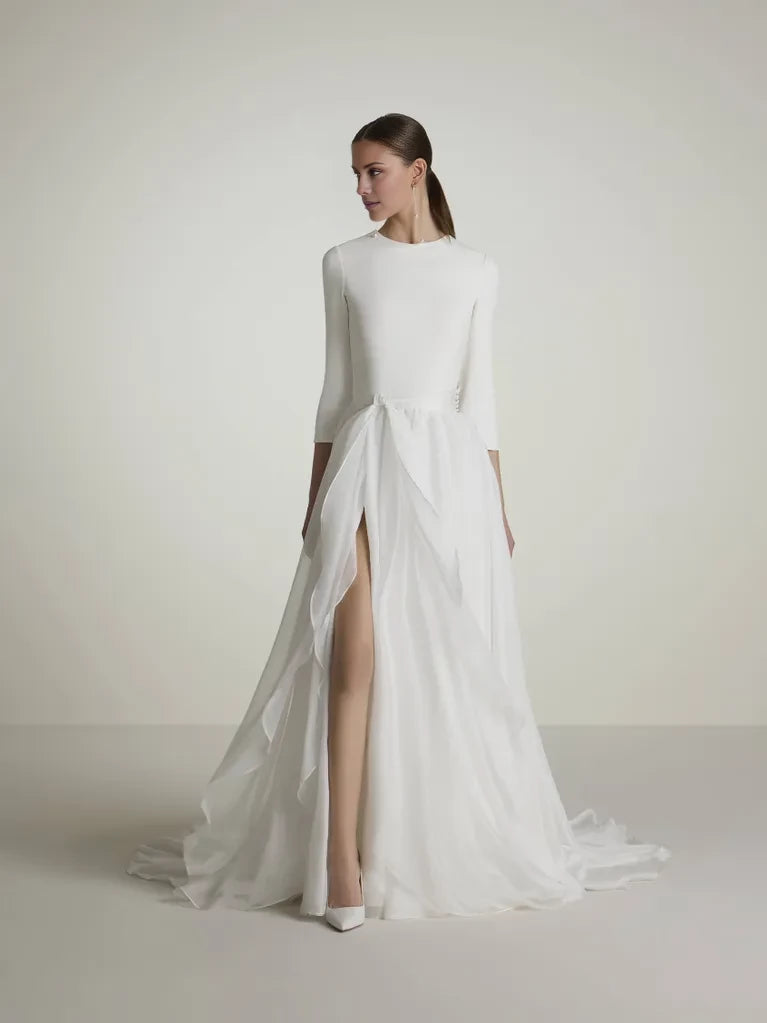 Elegant A-Line High Neck 3/4 Sleeve High Slit Maxi Winter Wedding Dress