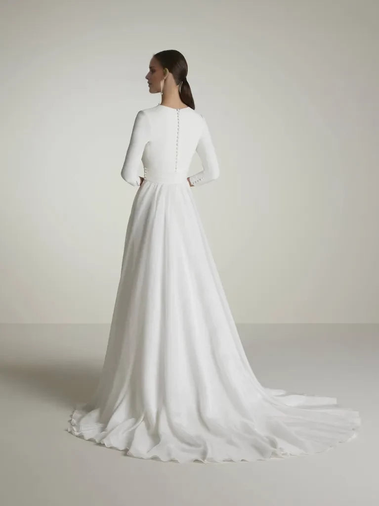 Elegant A-Line High Neck 3/4 Sleeve High Slit Maxi Winter Wedding Dress