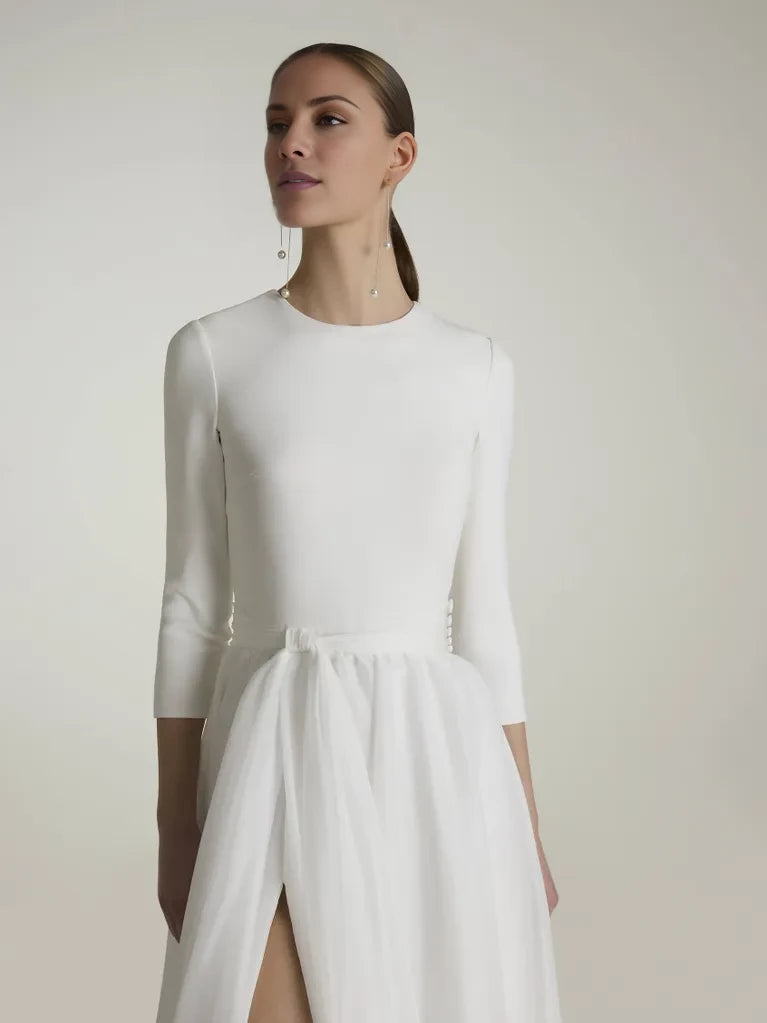 Elegant A-Line High Neck 3/4 Sleeve High Slit Maxi Winter Wedding Dress