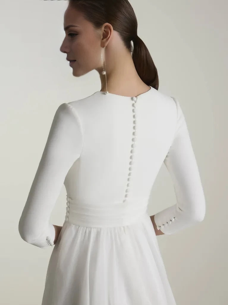 Elegant A-Line High Neck 3/4 Sleeve High Slit Maxi Winter Wedding Dress