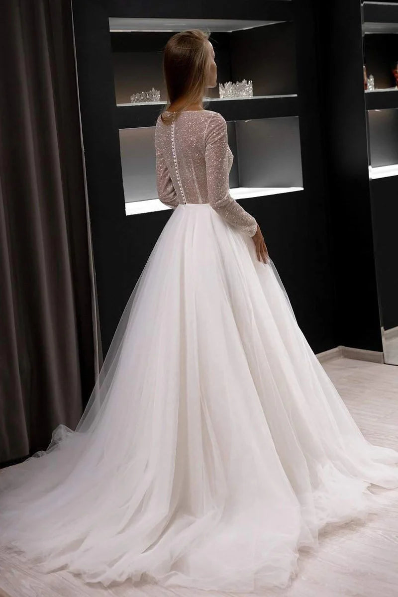 Elegant A-Line Illusion Neckline Sparkle Long Sleeve Floor-Length Winter Wedding Dress