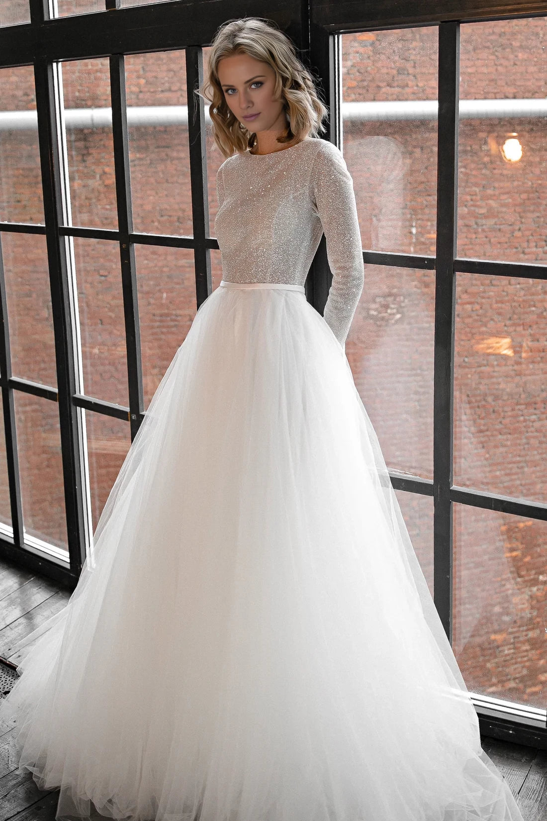 Elegant A-Line Illusion Neckline Sparkle Long Sleeve Floor-Length Winter Wedding Dress