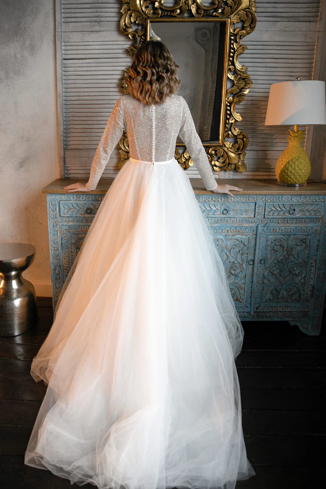 Elegant A-Line Illusion Neckline Sparkle Long Sleeve Floor-Length Winter Wedding Dress