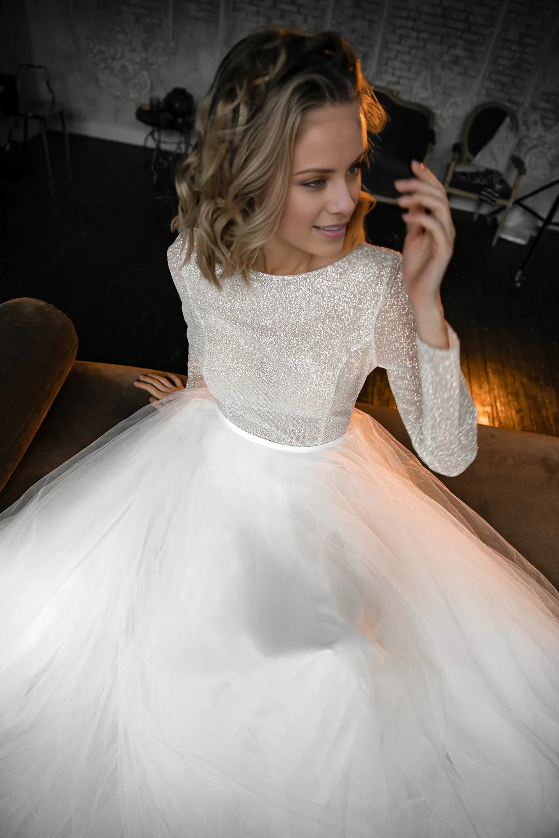 Elegant A-Line Illusion Neckline Sparkle Long Sleeve Floor-Length Winter Wedding Dress