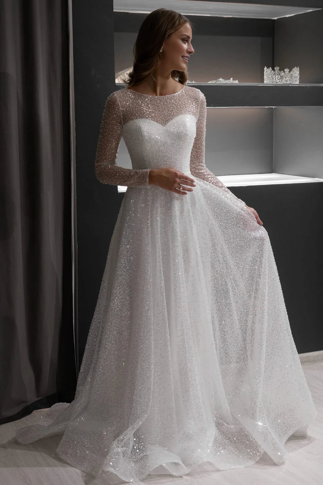 Elegant A-Line Illusion Neckline Sparkle Long Sleeve Maxi Winter Wedding Dress