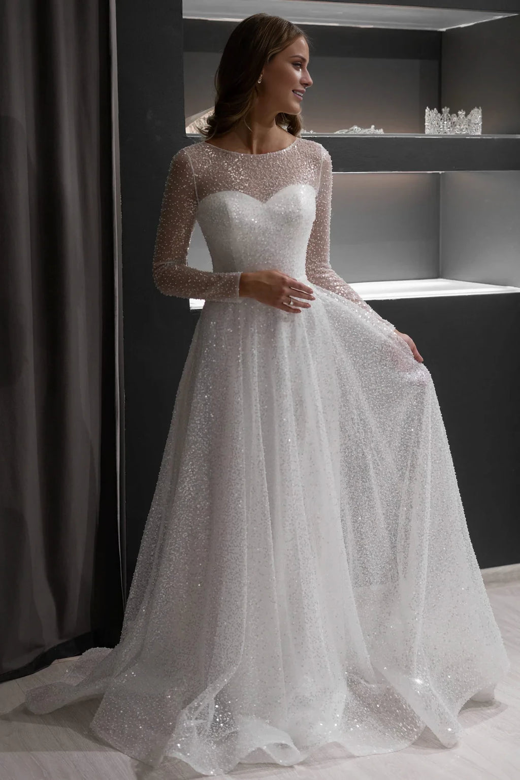 Ivory Glitter A-Line Boat Neck Floor-Length Dress