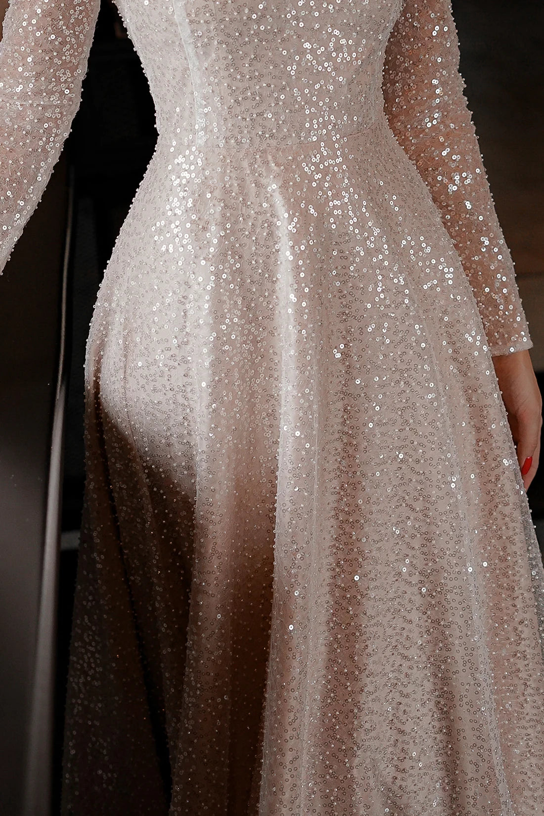 Ivory Glitter A-Line Boat Neck Floor-Length Dress