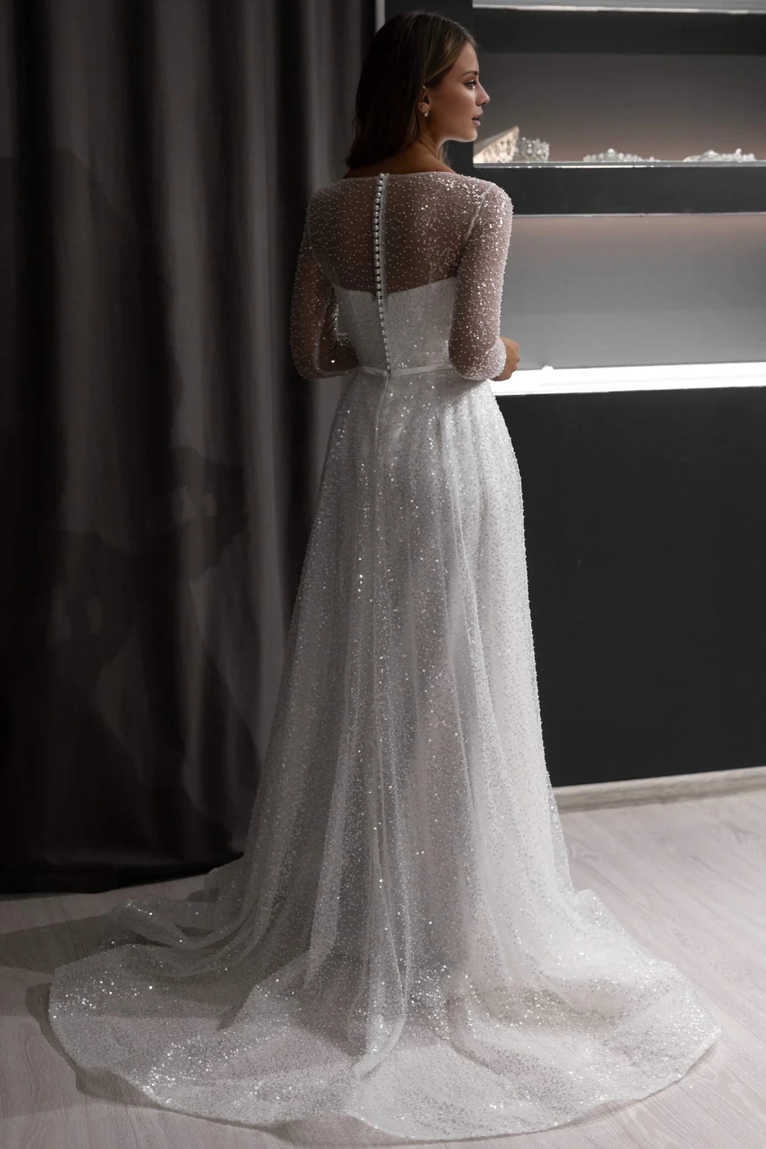 Elegant A-Line Illusion Neckline Sparkle Long Sleeve Maxi Winter Wedding Dress