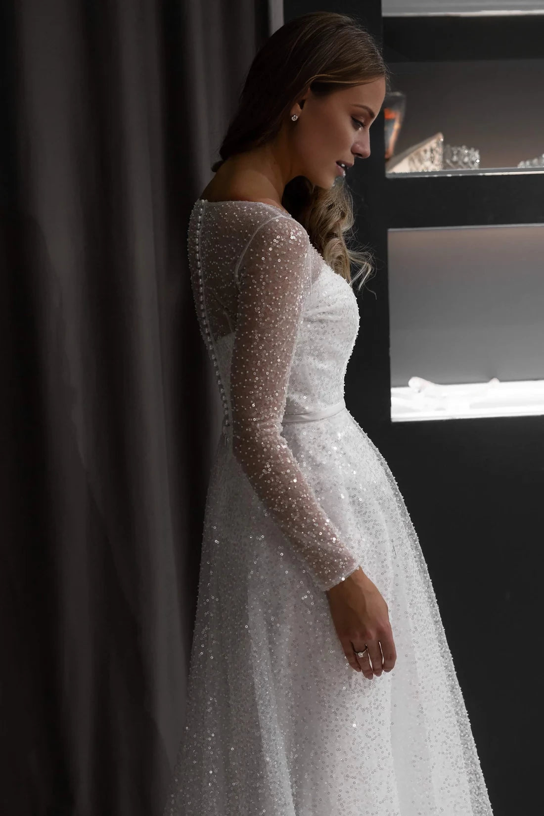 Elegant A-Line Illusion Neckline Sparkle Long Sleeve Maxi Winter Wedding Dress