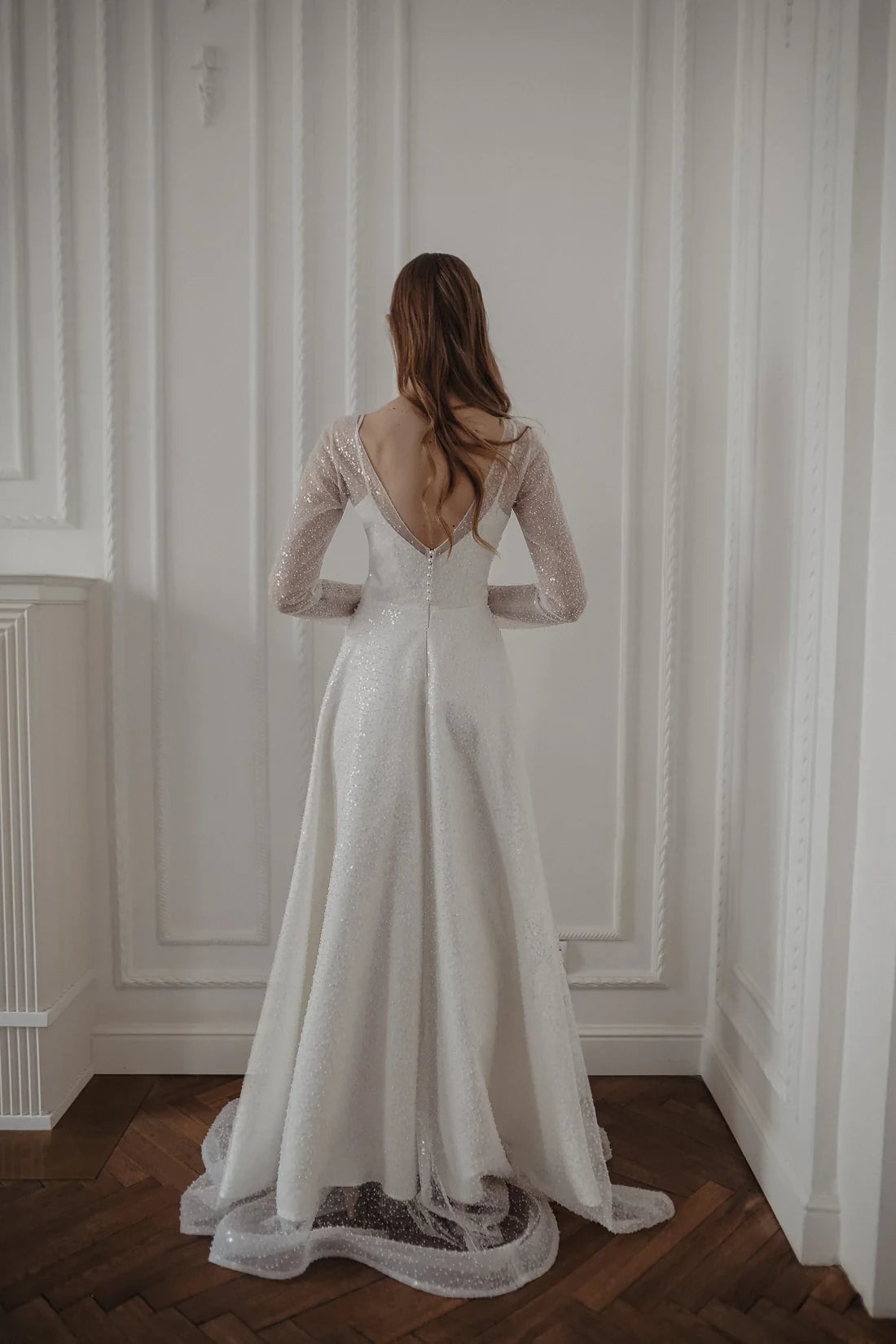 White Sequin Floor-Length Jumpsuits with Illusion Neck Long Sleeves