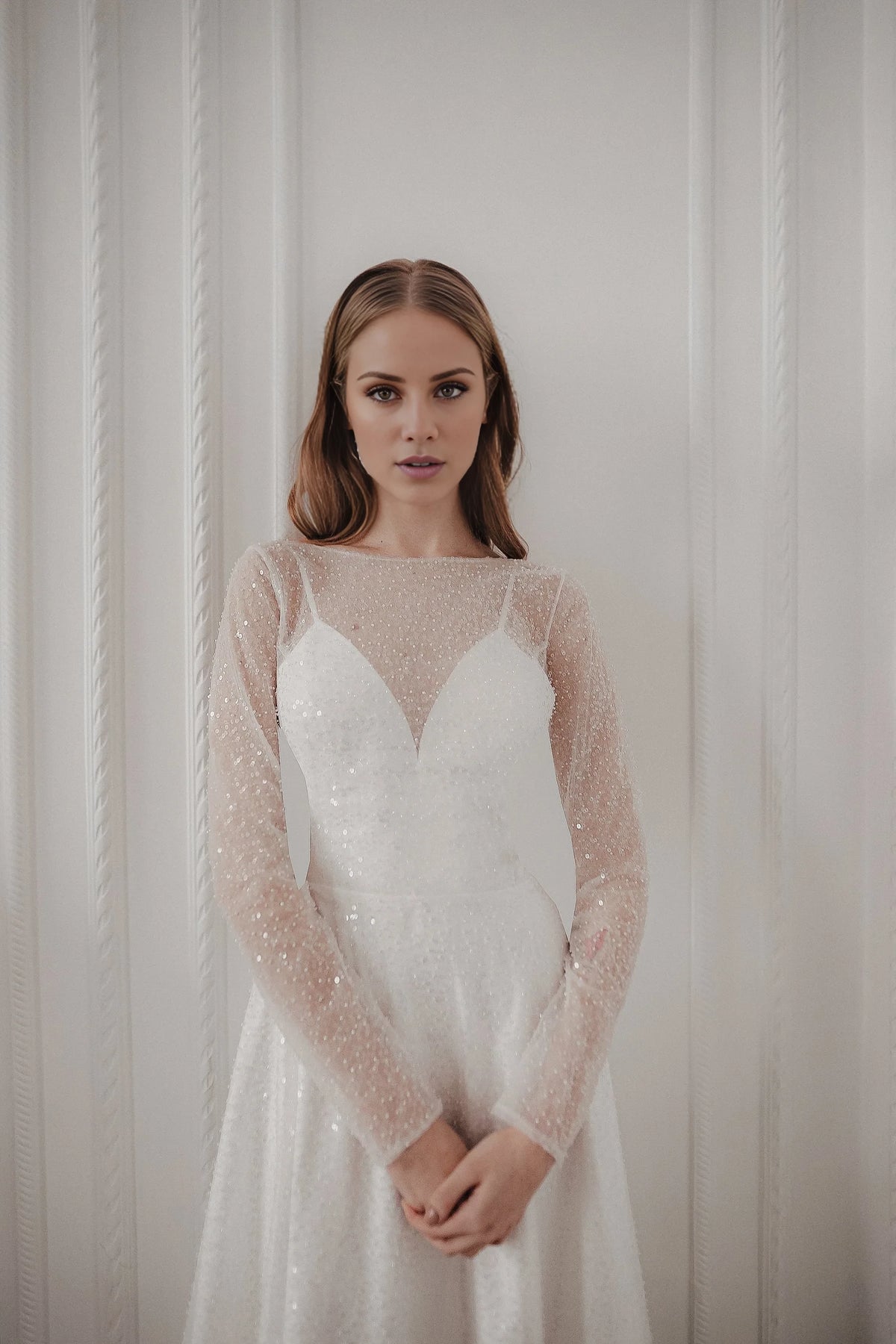 White Sequin Floor-Length Jumpsuits with Illusion Neck Long Sleeves