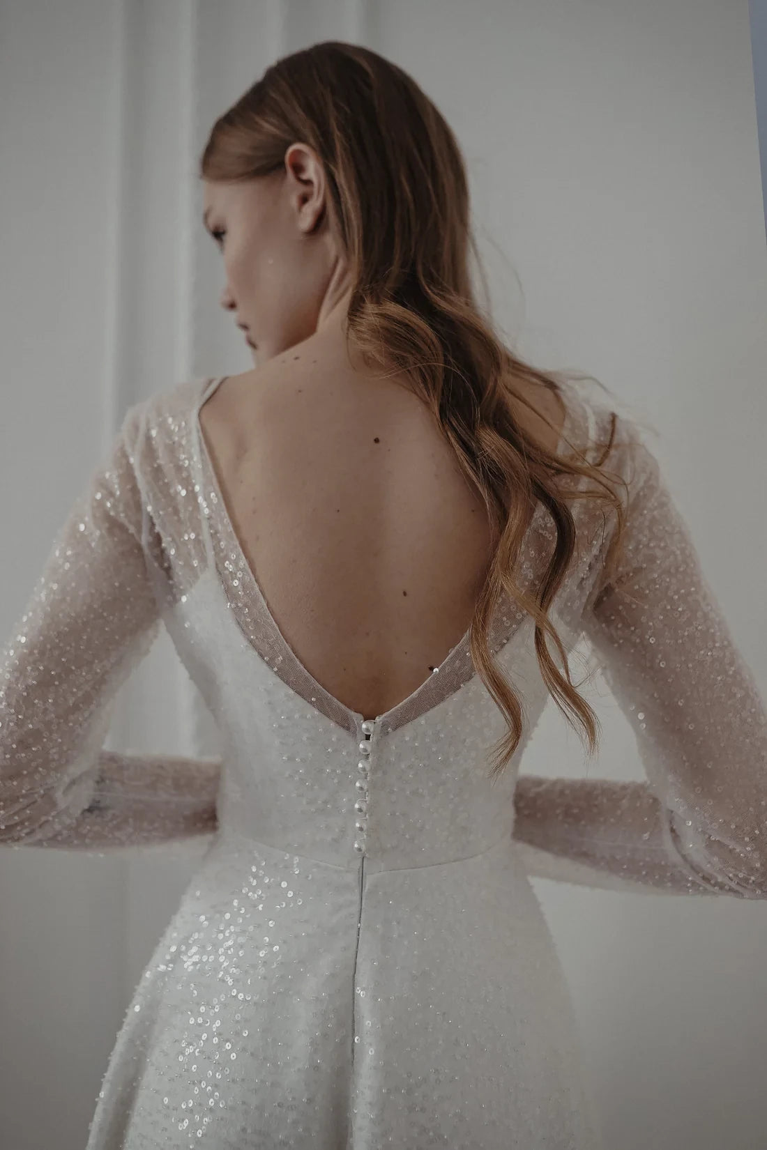 Elegant A-Line Illusion Neckline Sparkle Long Sleeve Open Back Maxi Winter Wedding Dress