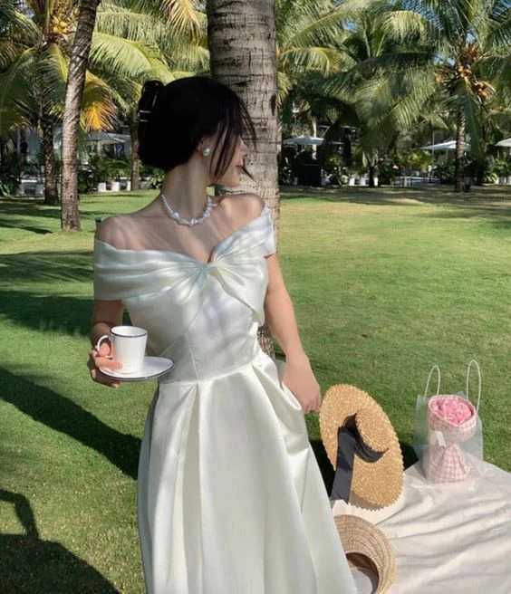 Elegant A-Line Off-Shoulder Short-Sleeve Corset-Back Bow Midi Satin Evening Dress