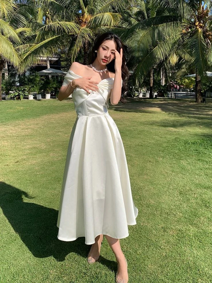 Elegant A-Line Off-Shoulder Short-Sleeve Corset-Back Bow Midi Satin Evening Dress