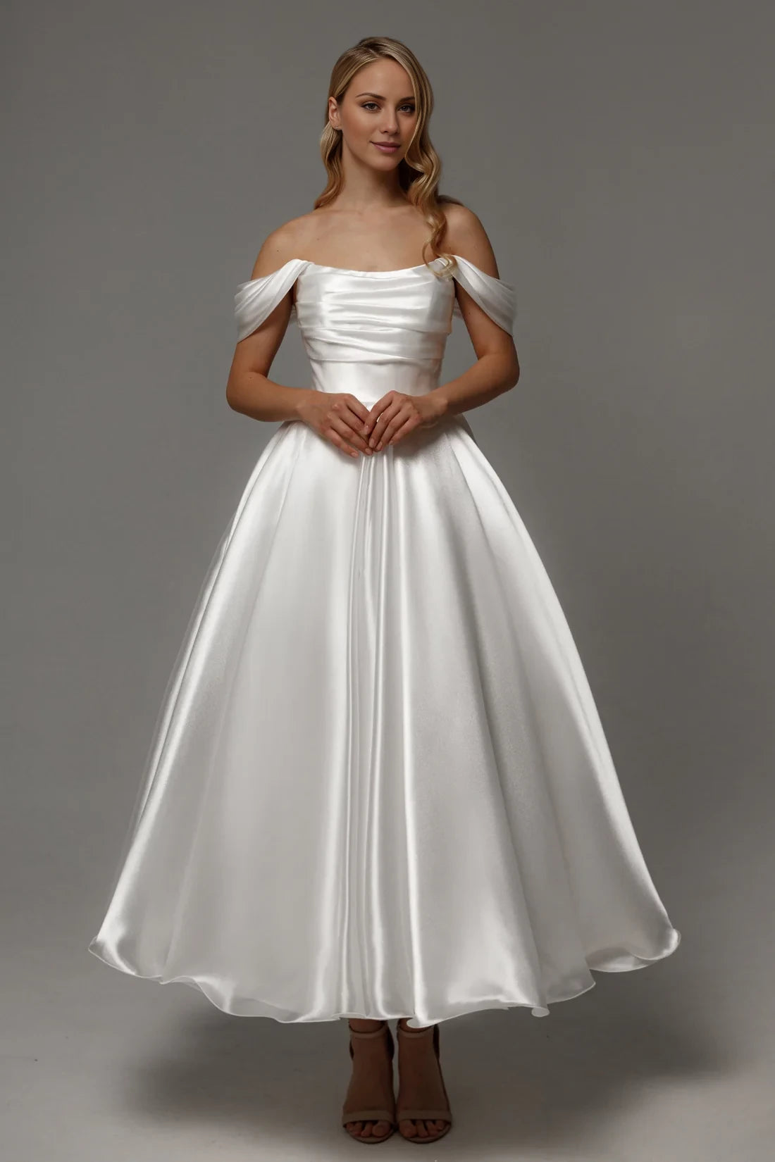 Elegant A-Line Off-Shoulder Sleeveless Satin Lace Up Tea-Length Winter Wedding Dress